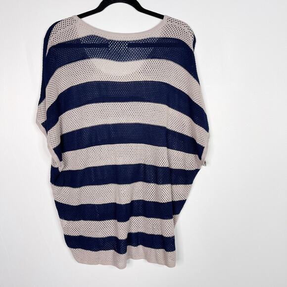 Rag & Bone Womens XSmall Cream Blue Bold Stripe Open Knit Sweater Short Sleeve - Picture 2 of 8